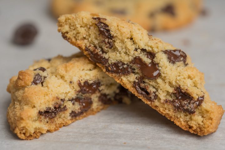Almond-Flour-Chocolate-Chip-Cookie-Recipe-Broken-45-Angle-Close-Up-5-star