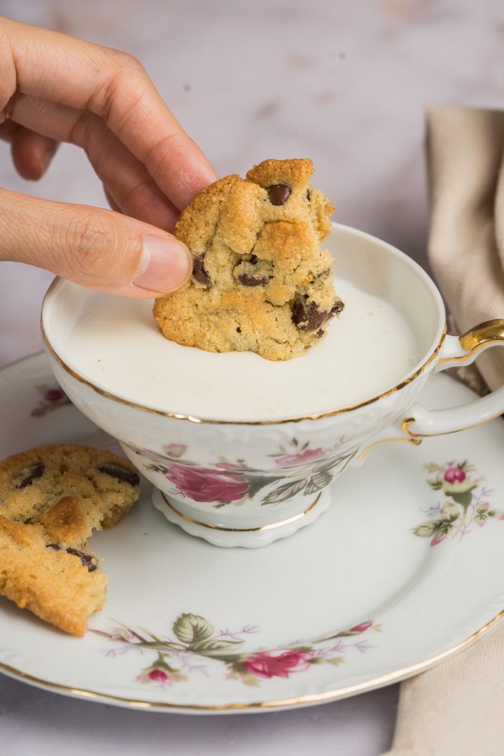 Almond-Flour-Chocolate-Chip-Cookie-Recipe-Broken-45-Angle-Dunking-4-star